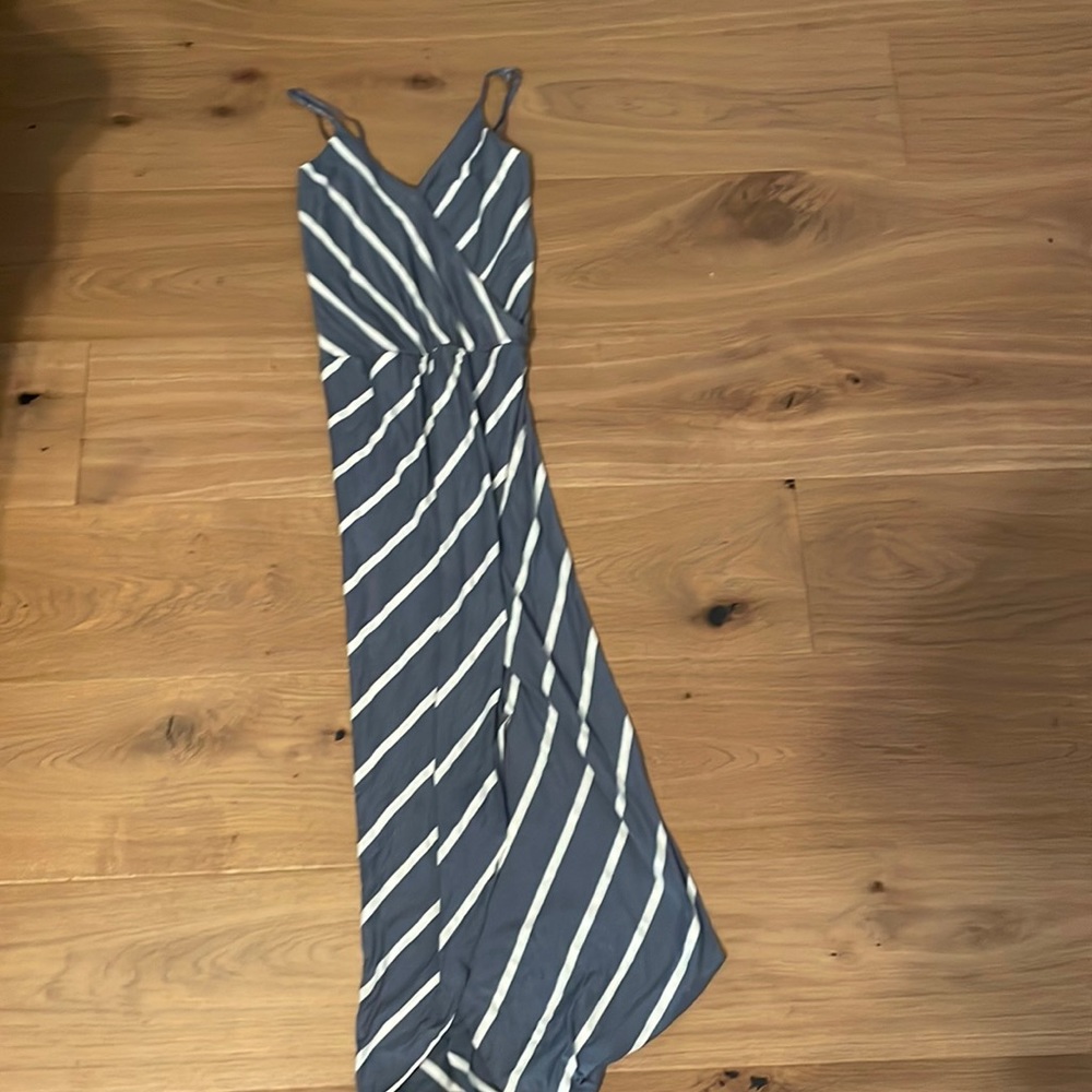 Blue and white diagonal striped slit dress